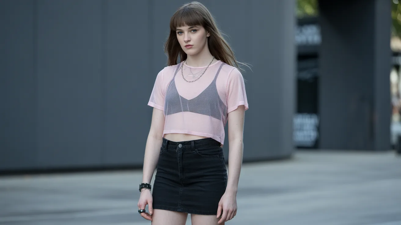 A young woman wearing a pink top and black skirt stands confidently, smiling at the camera.
