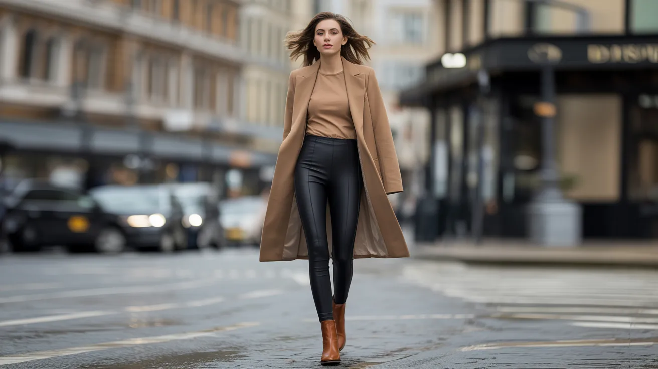A woman in black leggings and a hoodie is crossing the street, focused on her path ahead.