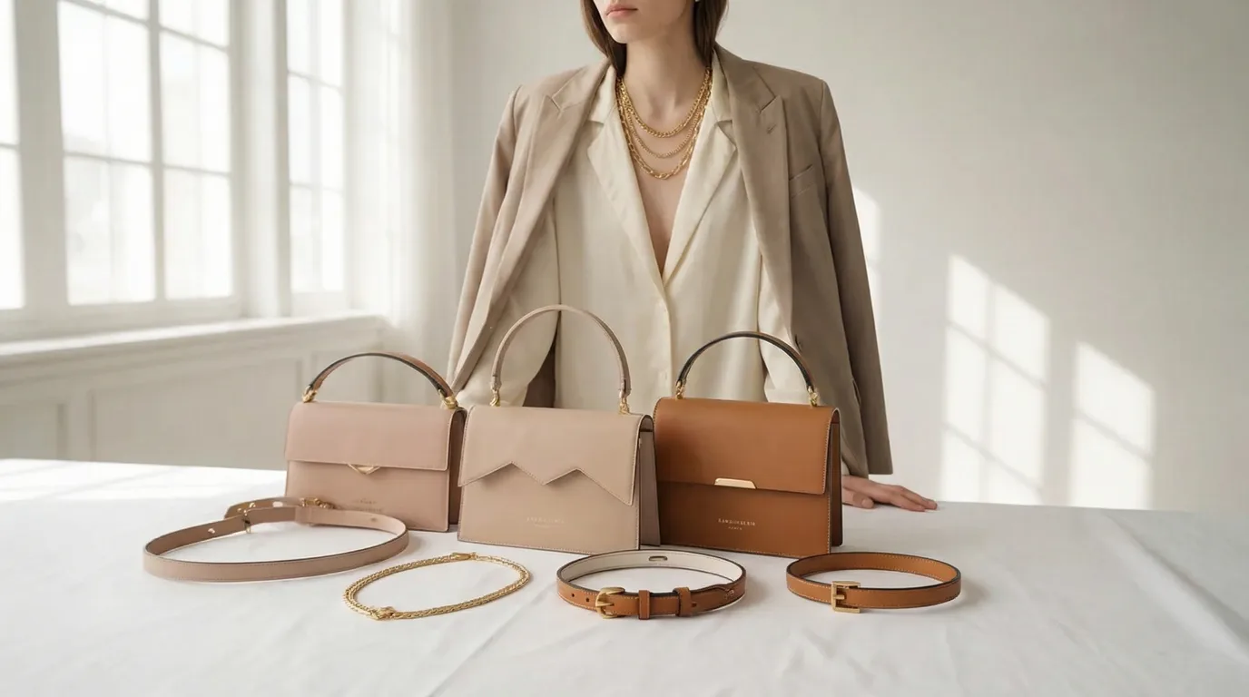 A woman is next to a table filled with multiple bags, showcasing different designs and textures.