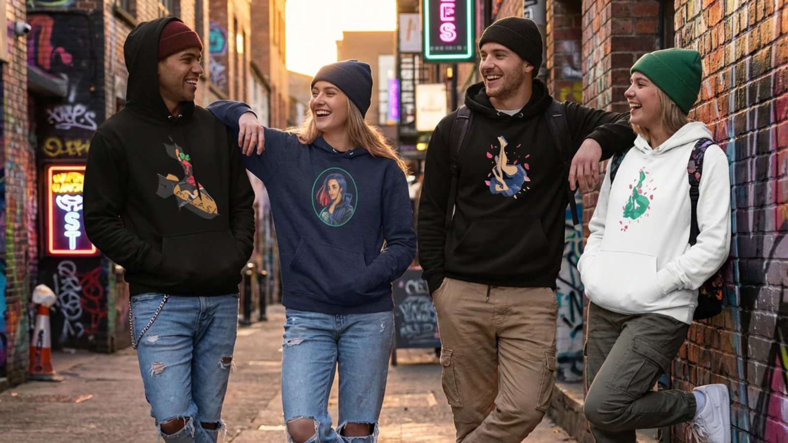Three individuals in hoodies and jeans stand together on a bustling city street.