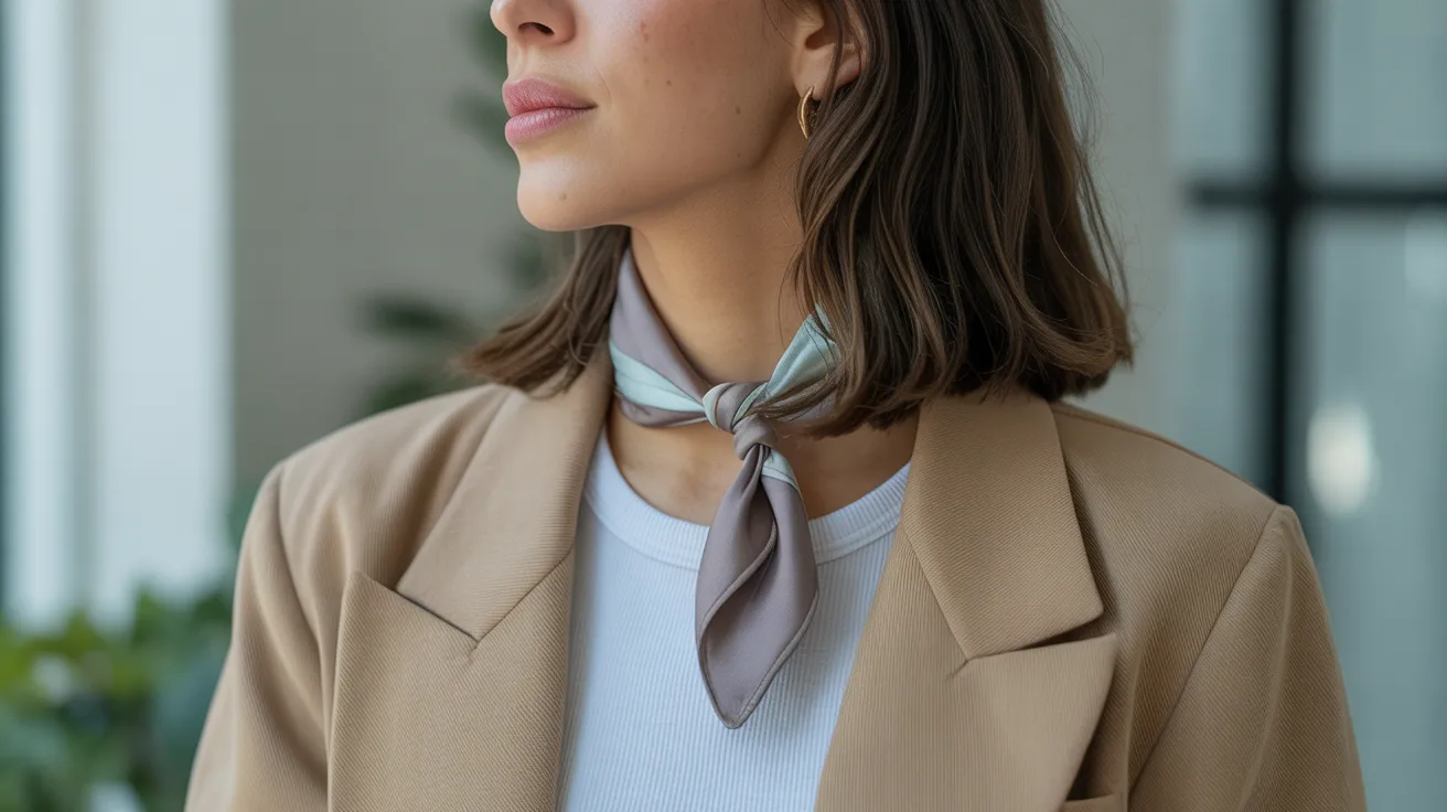 A woman in a tan jacket and scarf stands, showcasing her stylish winter attire.