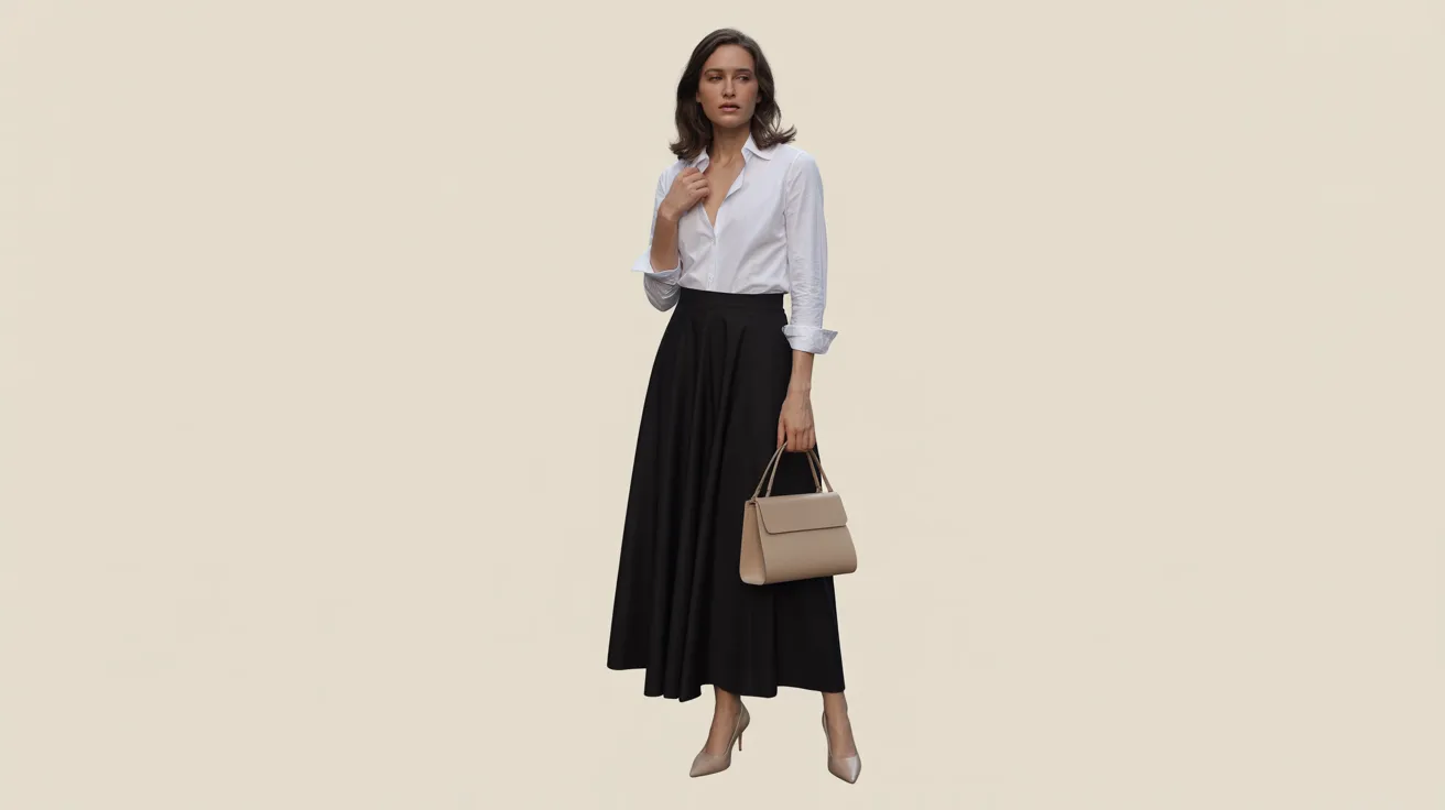A woman dressed in a white shirt and black skirt poses elegantly, reflecting a stylish and professional look.