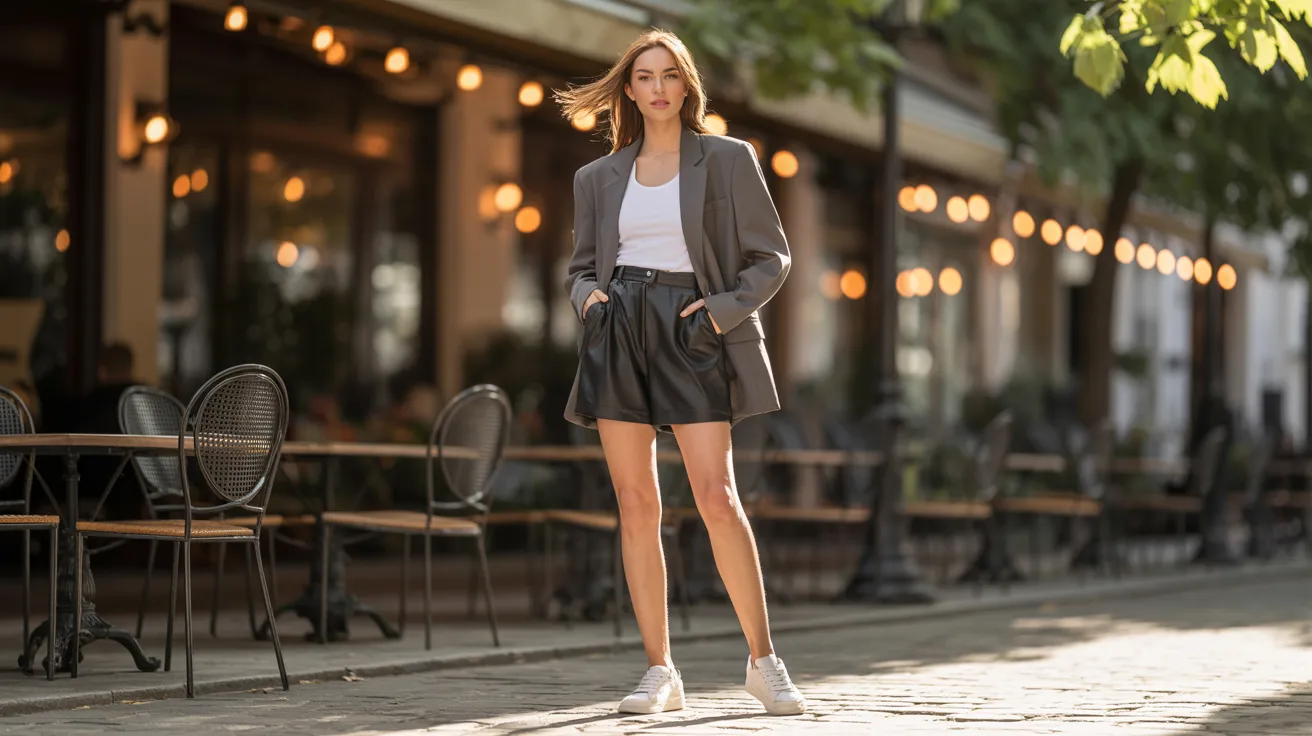  A woman wearing a black skirt and jacket stands confidently on a city street, surrounded by urban scenery.
