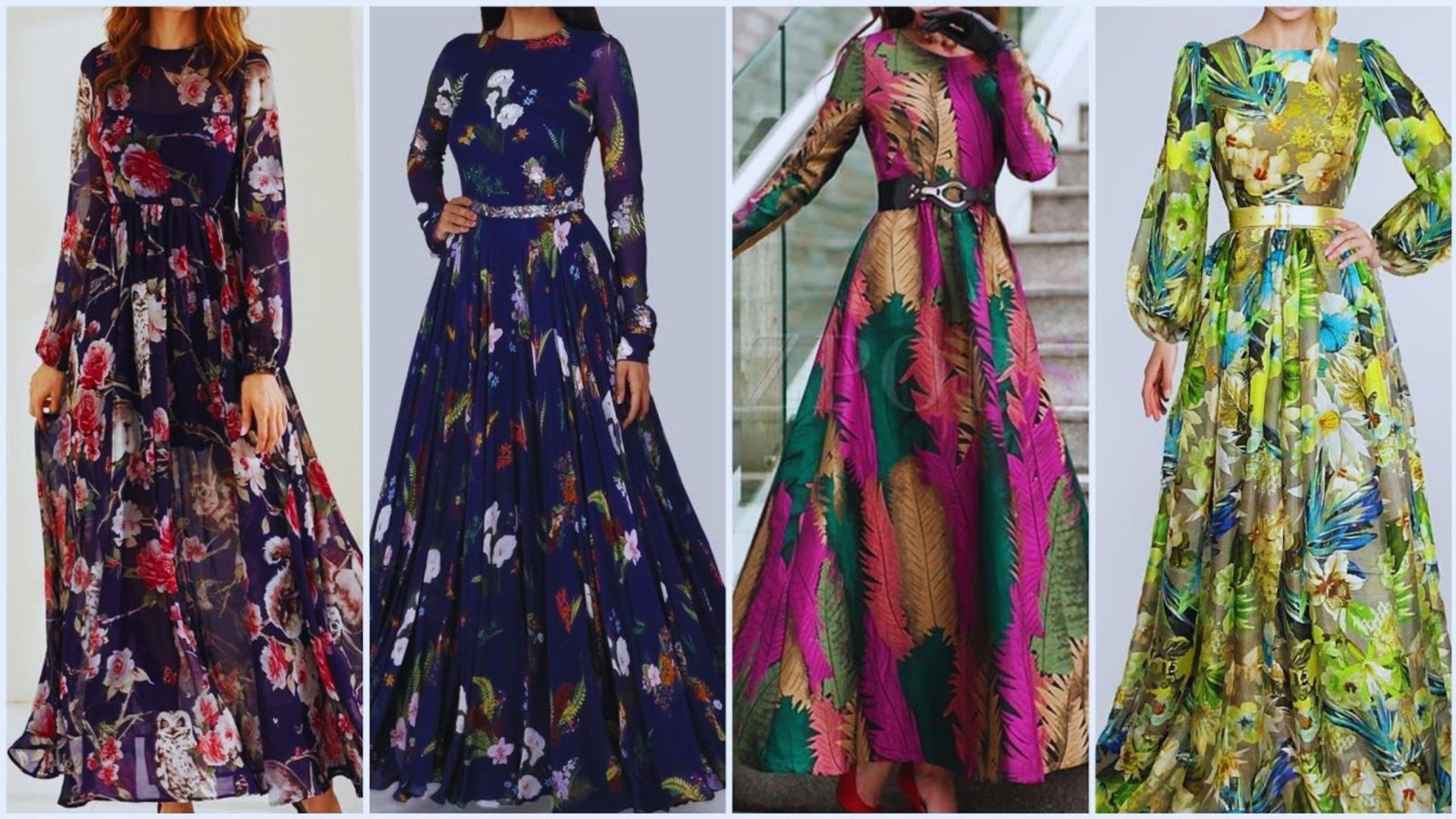 Four floral print dresses displayed in various styles and colors, showcasing different patterns and designs.
