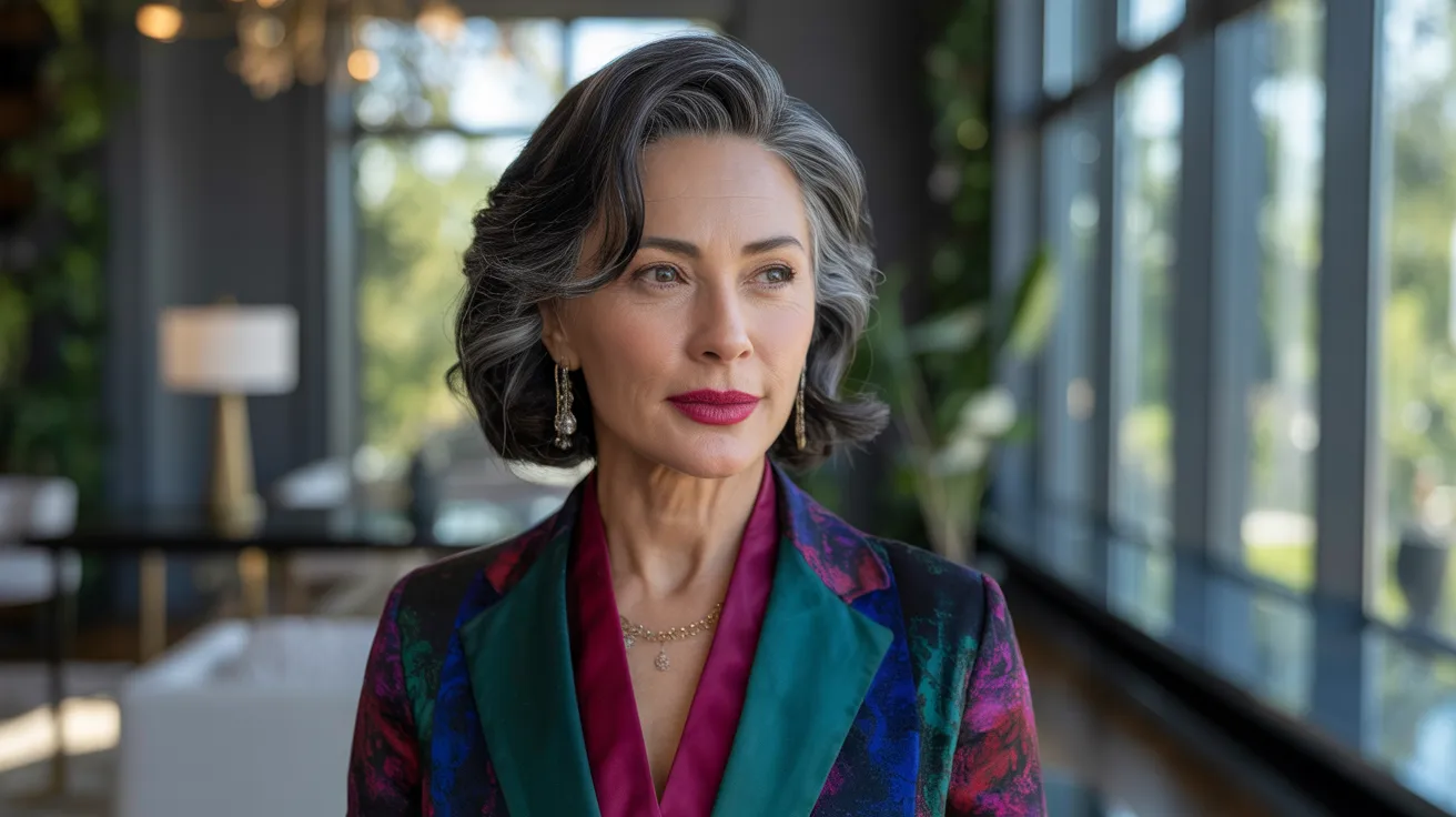 An older woman wearing a vibrant blazer and pink lipstick, smiling confidently at the camera.
