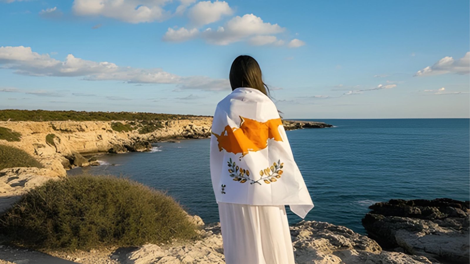 A woman in a flowing white dress stands atop a cliff, admiring the ocean view beneath her.