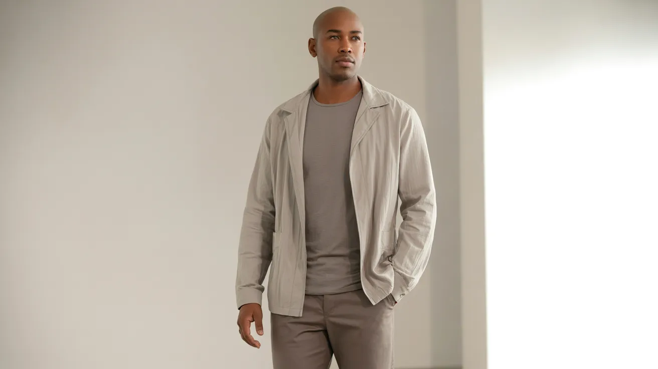 A man wearing a gray shirt and gray pants stands confidently, showcasing a casual yet polished appearance.