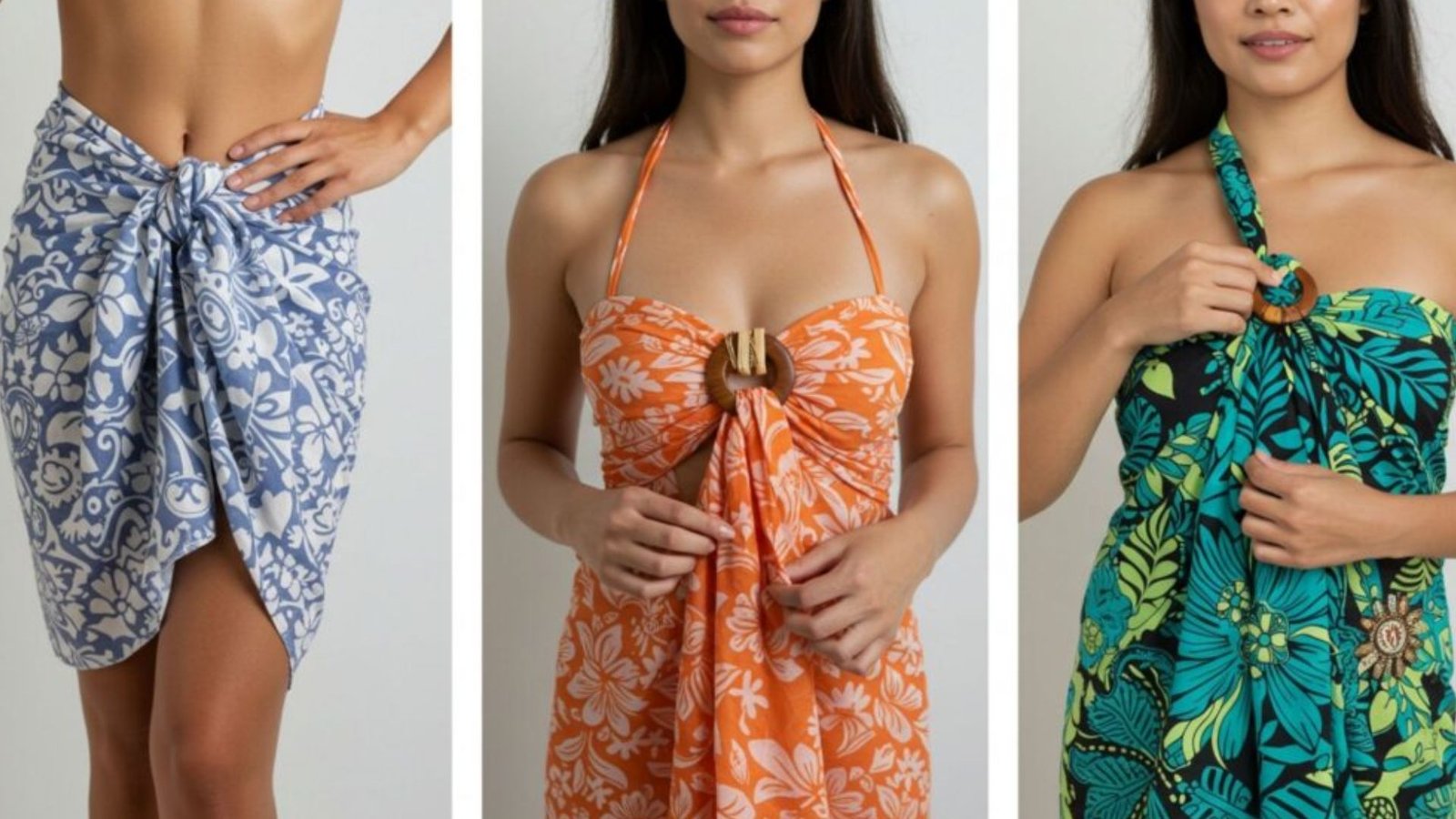  Four images of women showcasing various styles of sarongs in different colors and patterns.