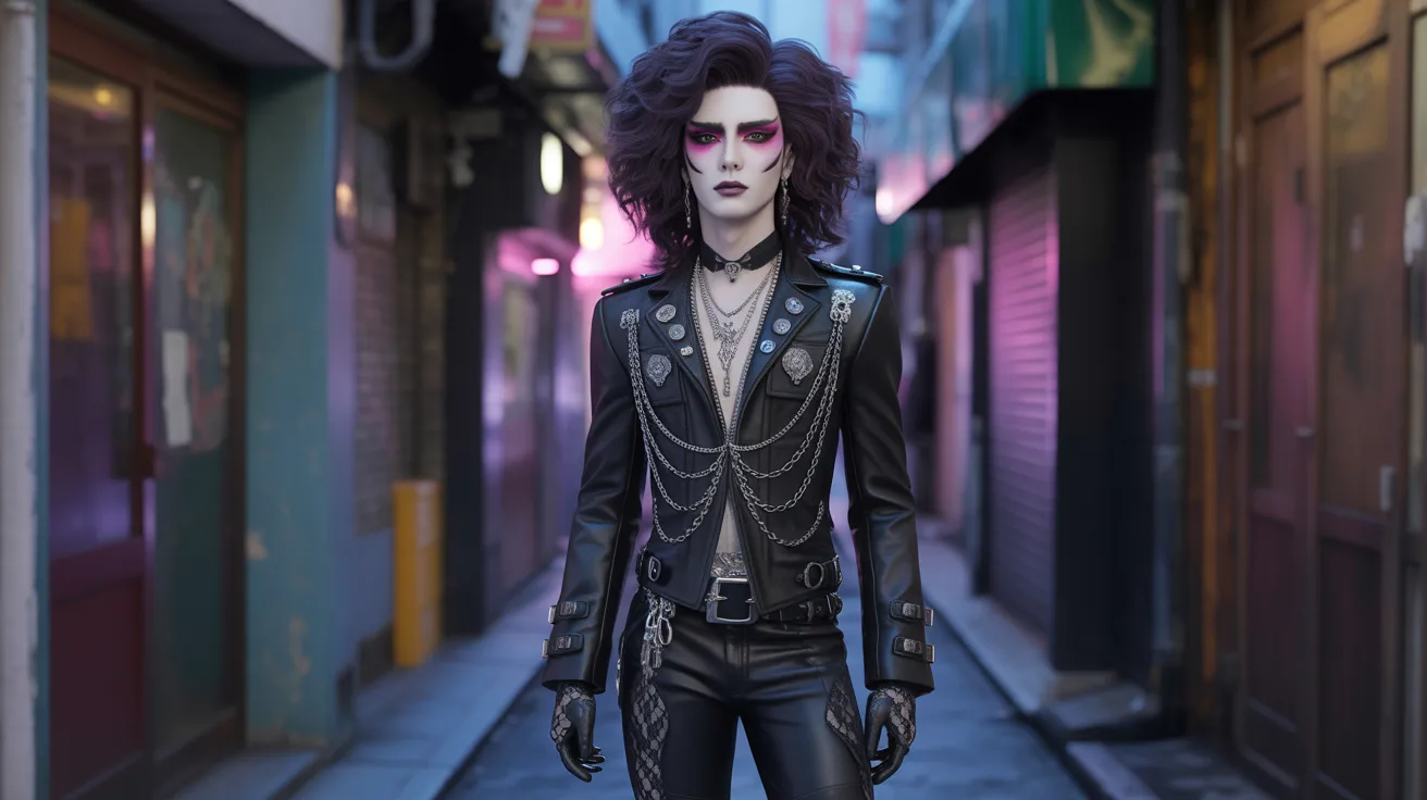 In a shadowy alley, a woman with vibrant purple hair and black leather attire poses with an edgy demeanor.