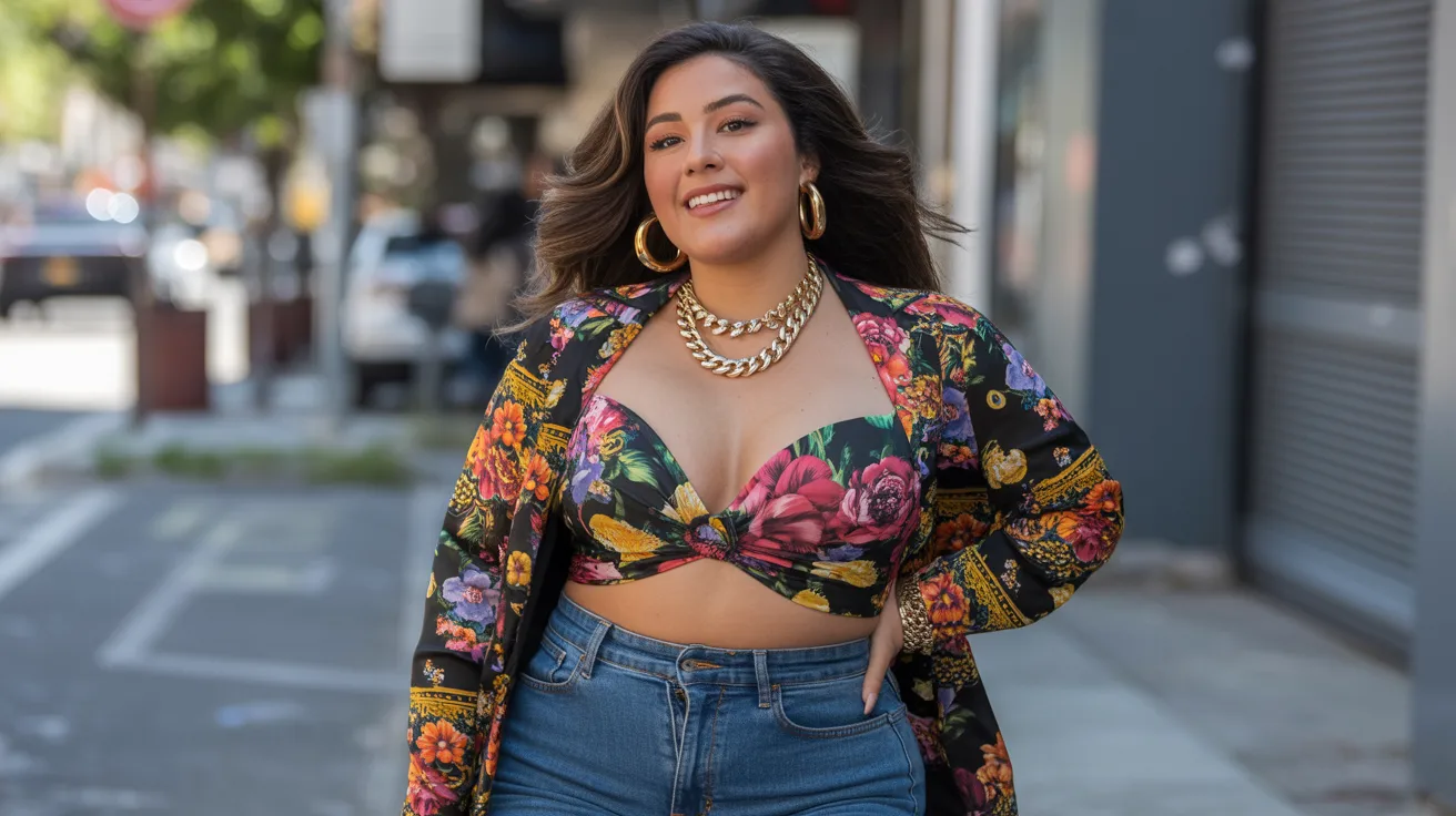 A woman wearing a floral top and jeans stands confidently, showcasing a casual yet stylish outfit.