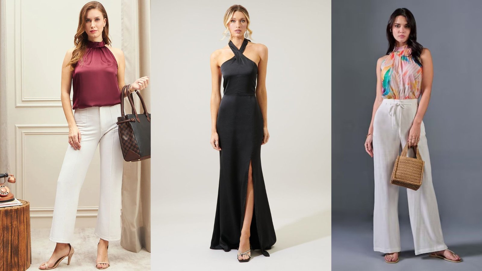  Four styles of women's pants and tops displayed together, showcasing various colors and designs for casual and formal wear.