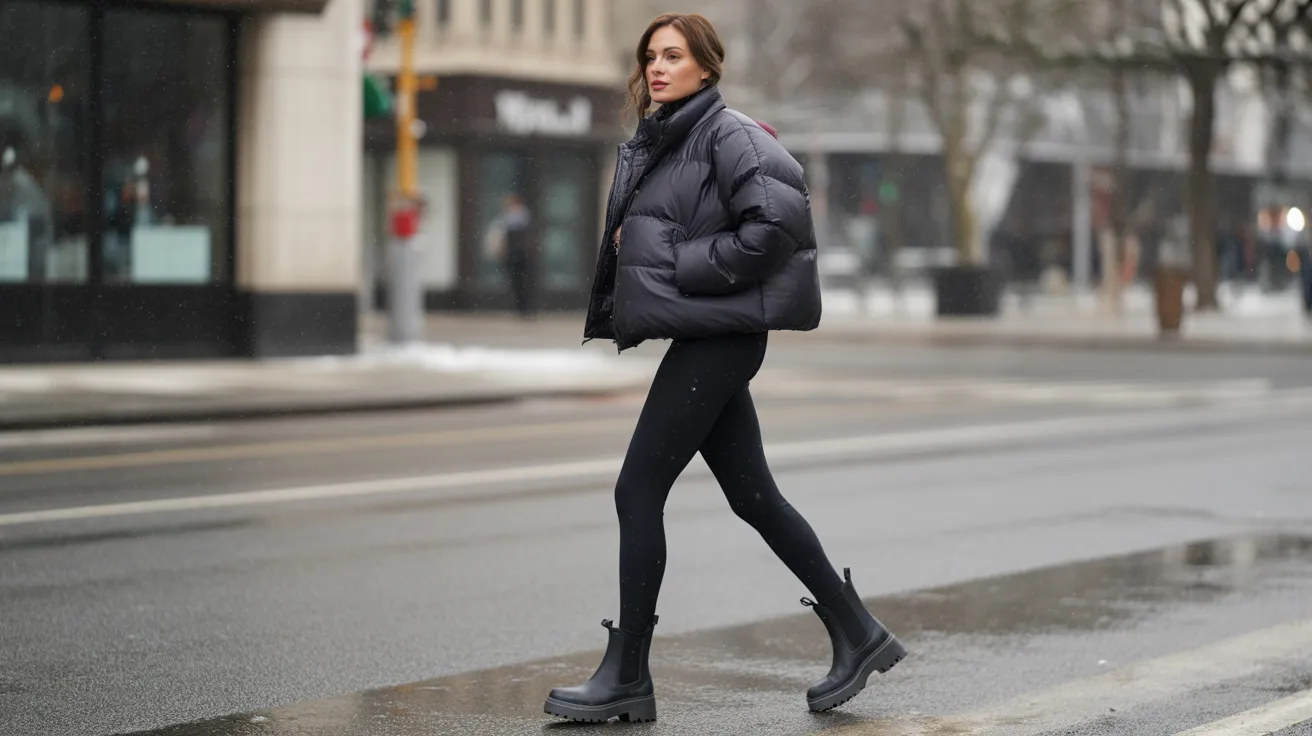 A woman in a black jacket and leggings is crossing the street, focused on her path ahead.