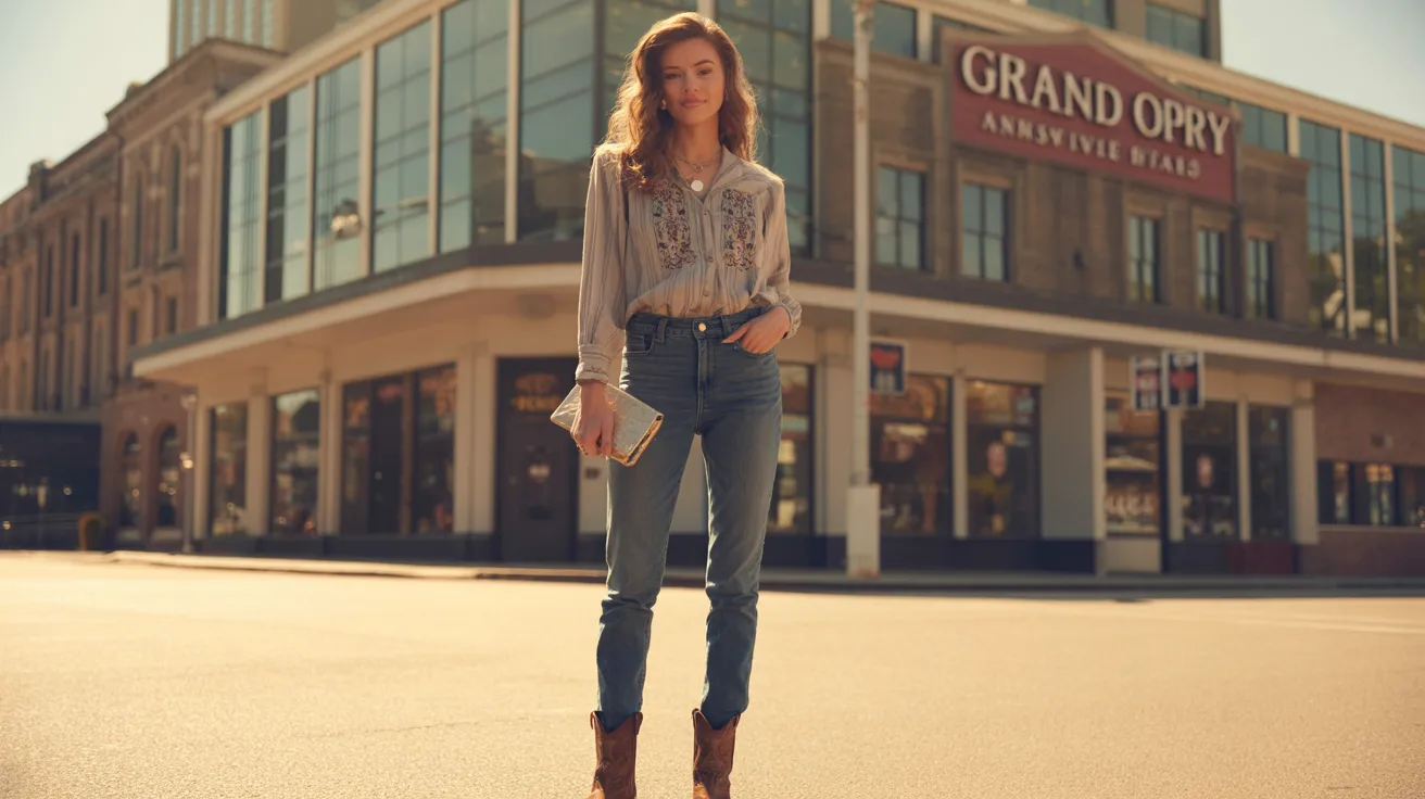 woman in jeans and a shirt stands confidently in the middle of a street, surrounded by urban scenery.