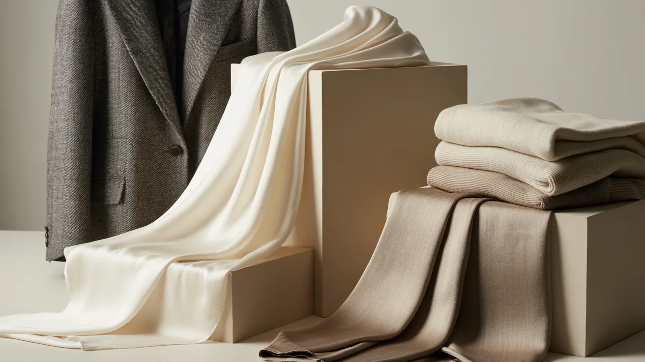 A neatly folded pile of clothing arranged on a wooden table, showcasing various colors and fabric types.
