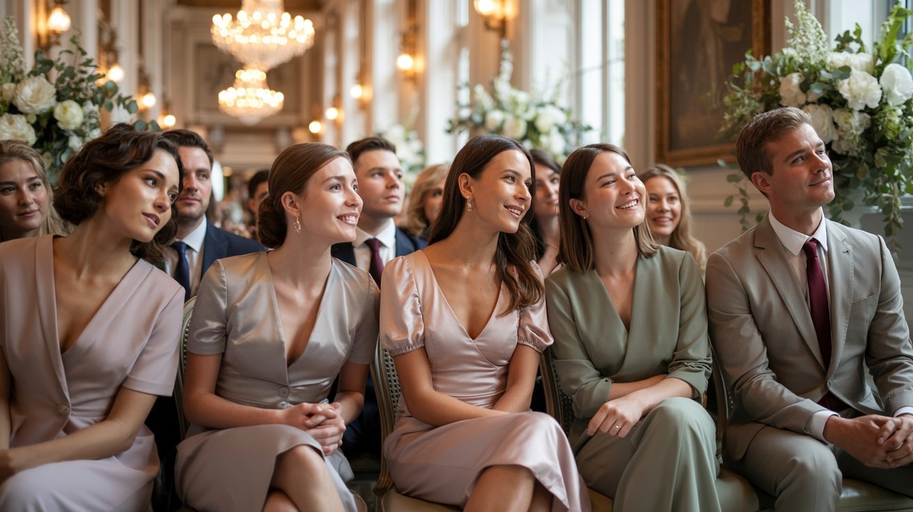 A group of elegantly dressed people sit smiling at an indoor event. The room is decorated with chandeliers and floral arrangements, creating a joyful ambiance.