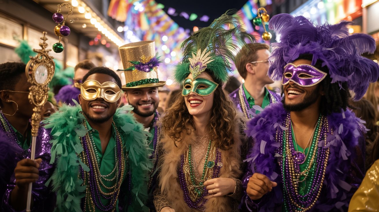 A joyful group of people in vibrant Mardi Gras costumes and masks, adorned with colorful beads, celebrate under festive lights and banners at night.