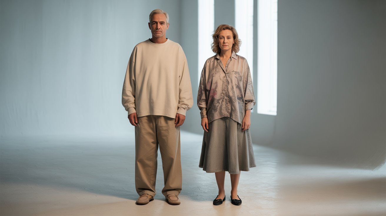 A man and woman stand side by side in a minimalist room with soft lighting. The man wears a beige sweater and pants; the woman, a patterned blouse and gray skirt. Both look serene.
