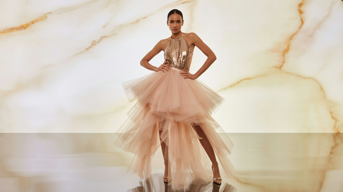 A model stands confidently in a layered, blush pink tulle gown with a sequined top against a marble-patterned backdrop, exuding elegance and poise.