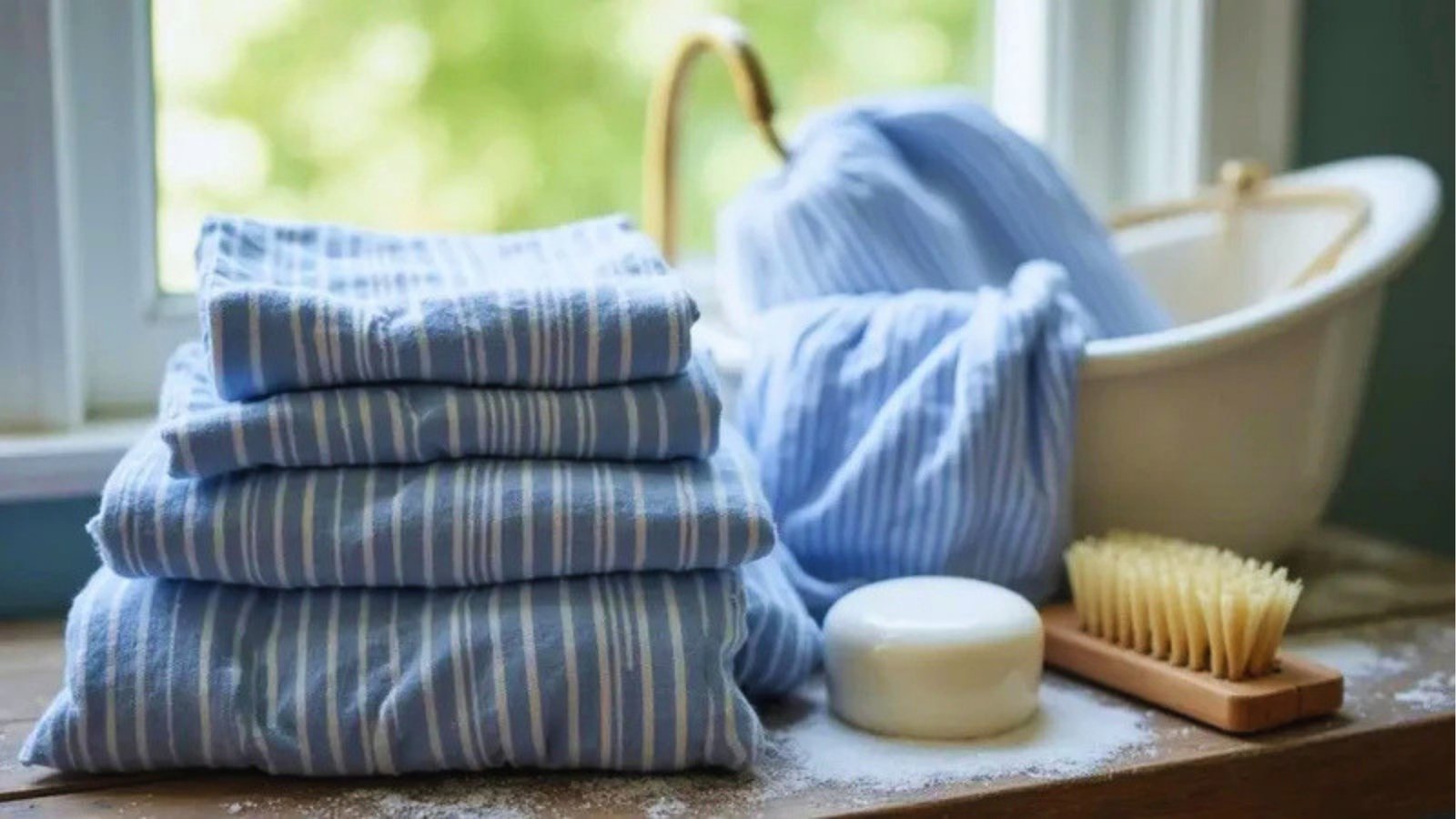 A stack of blue striped towels sits on a wooden surface by a window. Nearby are a bar of soap, a brush, and a washbasin, creating a serene, fresh vibe.