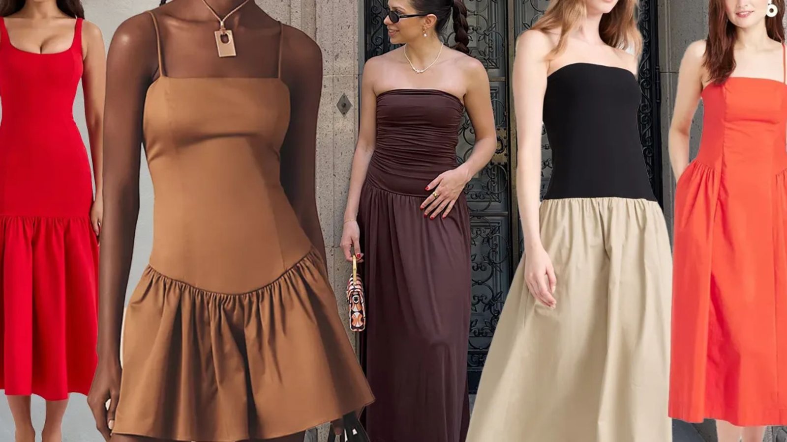 A group of women models stylish dresses in shades of red, brown, black, and beige. The varied necklines and lengths convey a chic, elegant vibe.