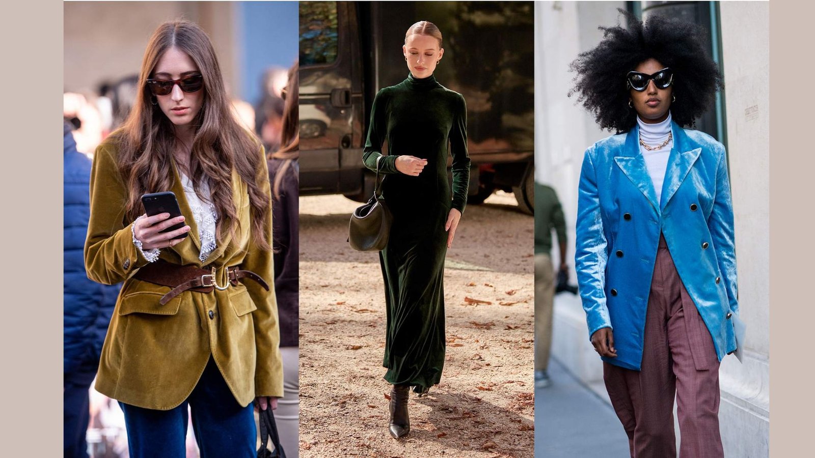 Three stylish women showcase autumn fashion: Left in a mustard velvet blazer checking her phone, center in a green velvet dress exuding elegance, right in a vibrant blue blazer confidently walking.