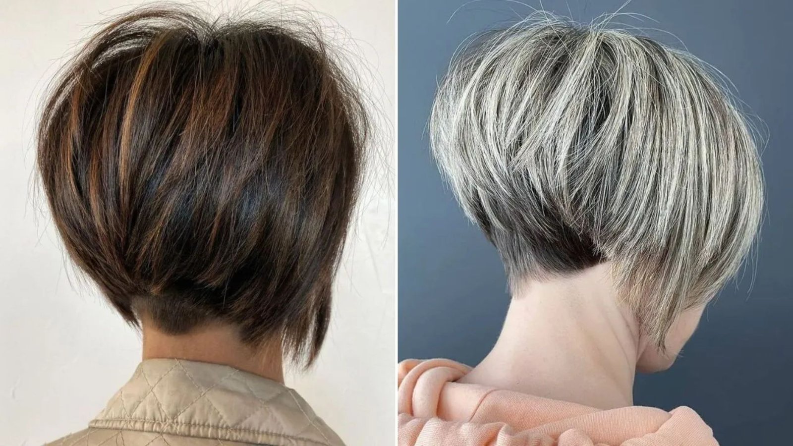 Split image showing two women from behind with stacked bob undercuts. Left has brunette hair with caramel highlights and nape undercut. The right has a silver-blonde layered bob with shaved undercut at the nape.