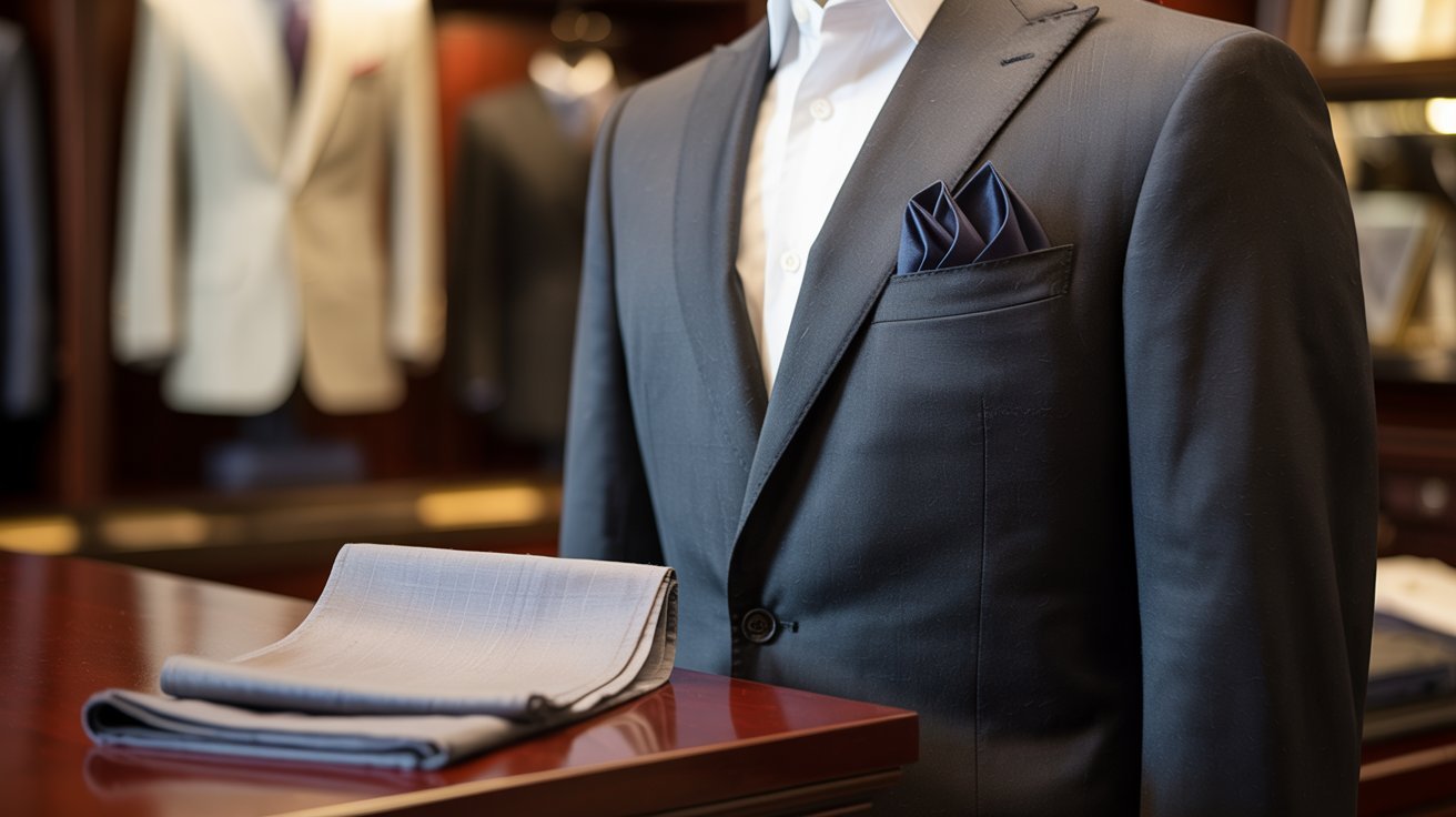 A tailored suit on display in a clothing store, featuring a dark blazer with a blue pocket square. A folded grey fabric is on a wooden counter.