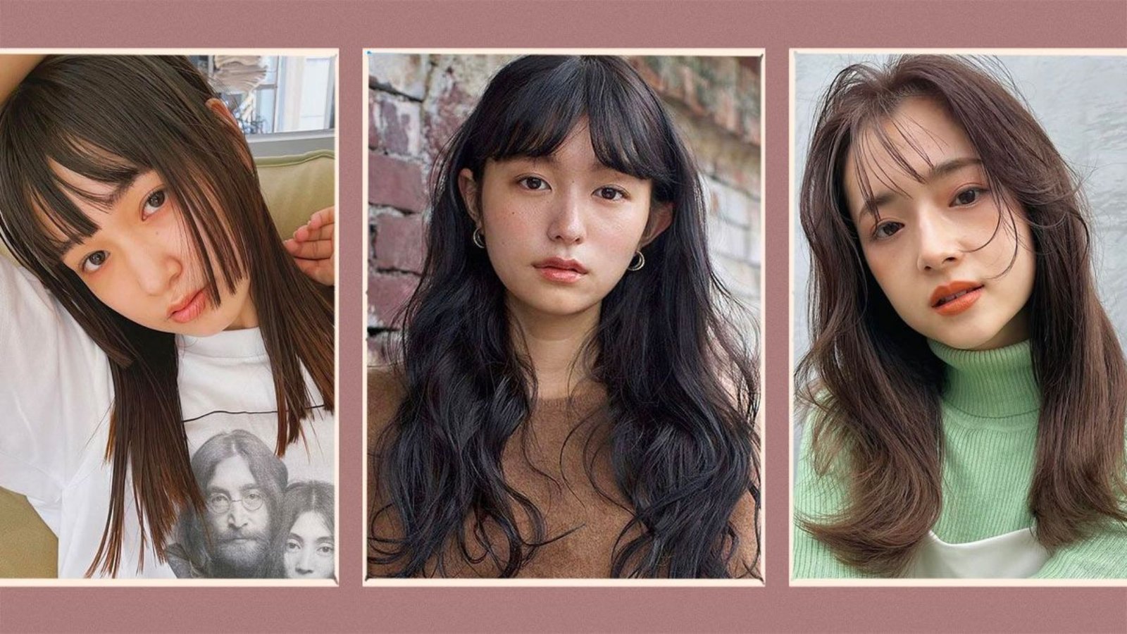 Collage of three women showing Korean-style bangs. Left has hime-cut with cheek-length strands, center has arched see-through bangs, right has wispy air bangs.