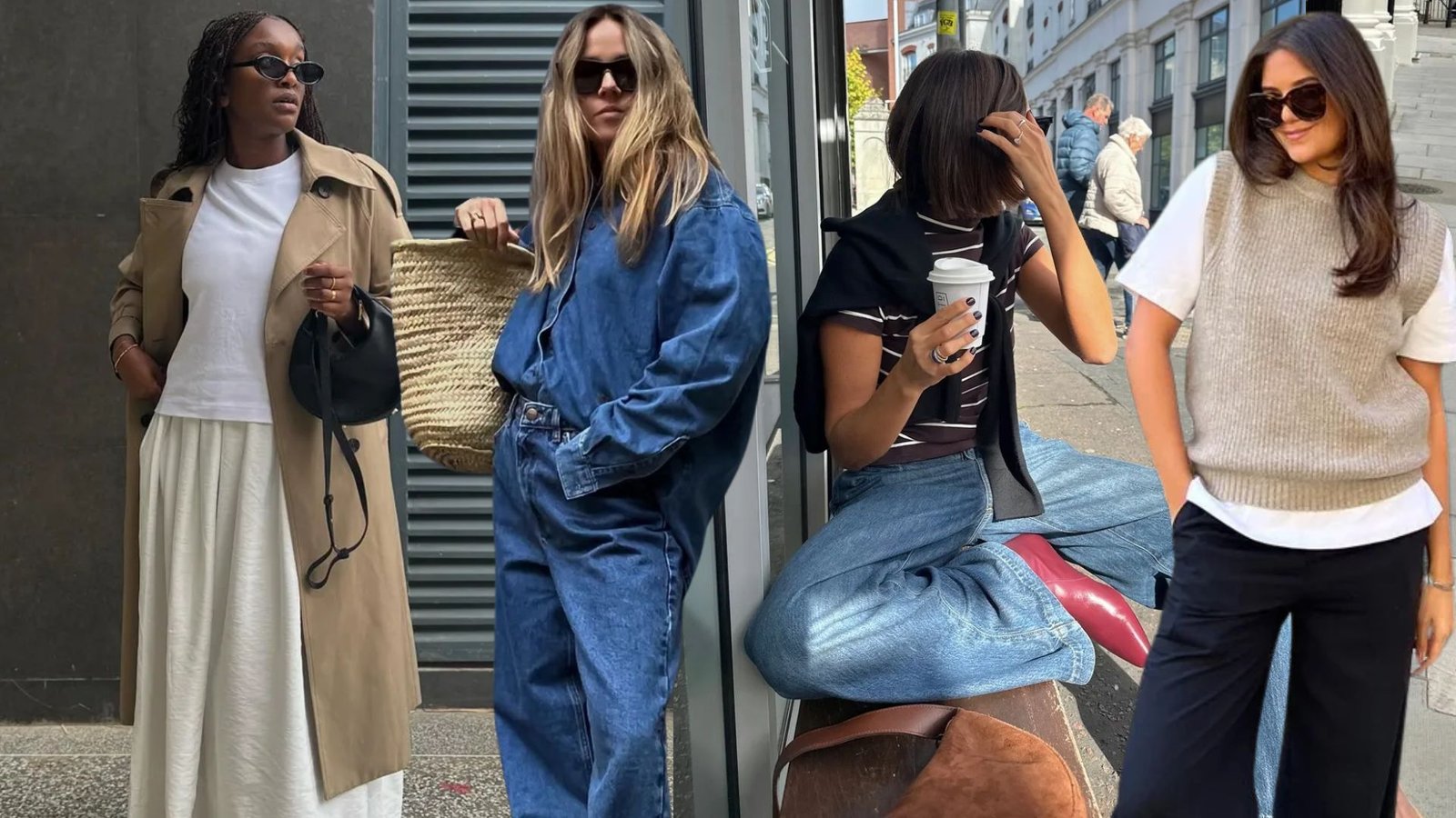 Collage of four trendy mom street style outfits featuring wide-leg jeans, a trench coat, denim-on-denim, sweater vest over a white tee, and red boots for easy everyday style.