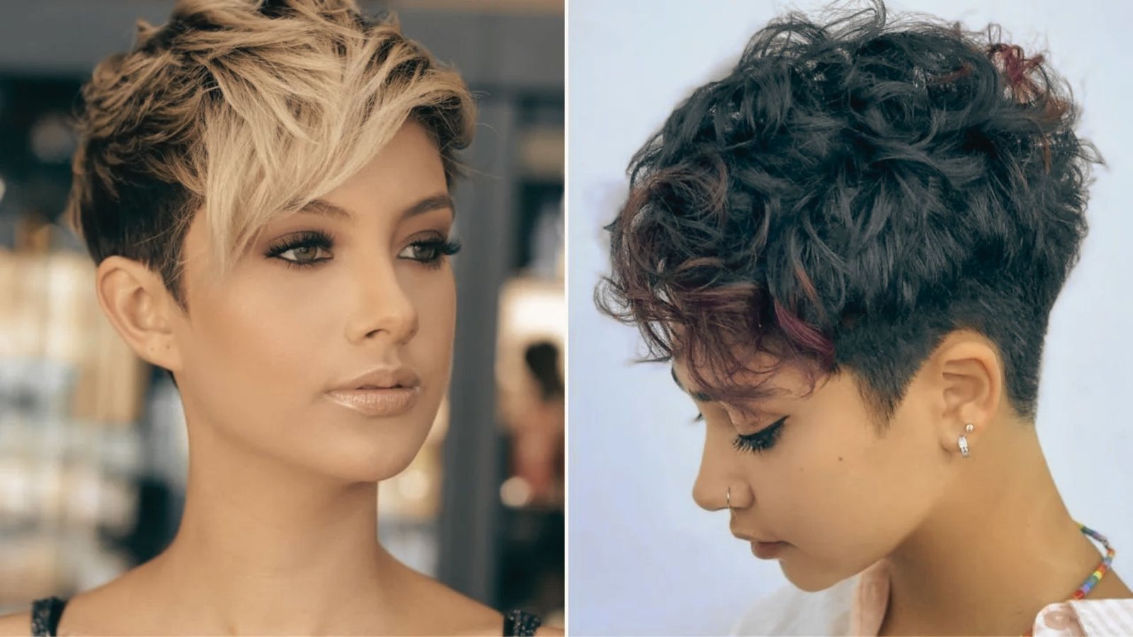 Bold colored shaggy pixie cut showcasing short, curly hairstyles for women, emphasizing texture and vibrant hues.