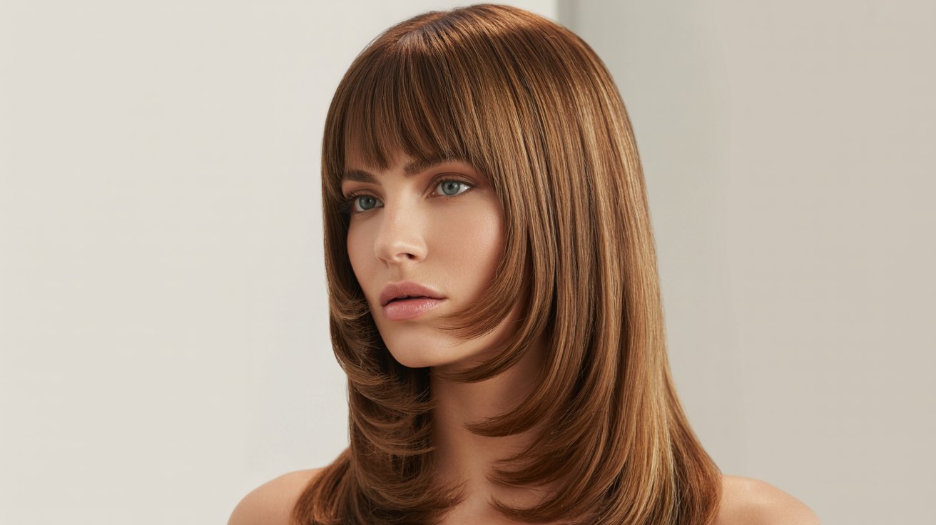  A woman with long brown hair styled in layers, featuring extra long curtain bangs framing her face.
