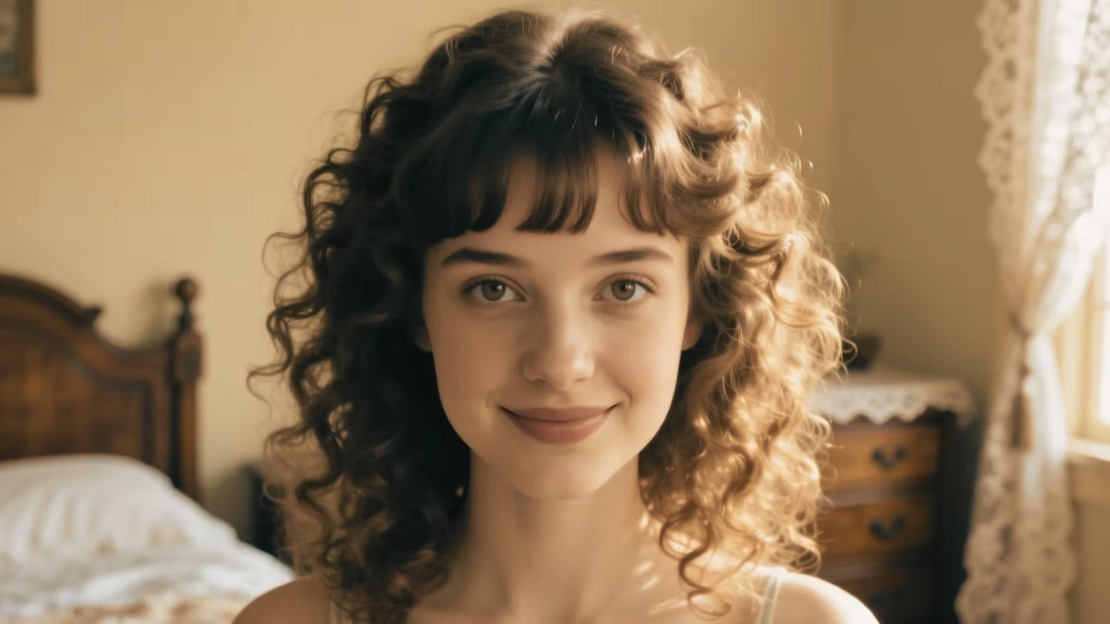 A young woman with curly hair and curtain bangs poses in her bedroom, showcasing her hairstyle and personal style.