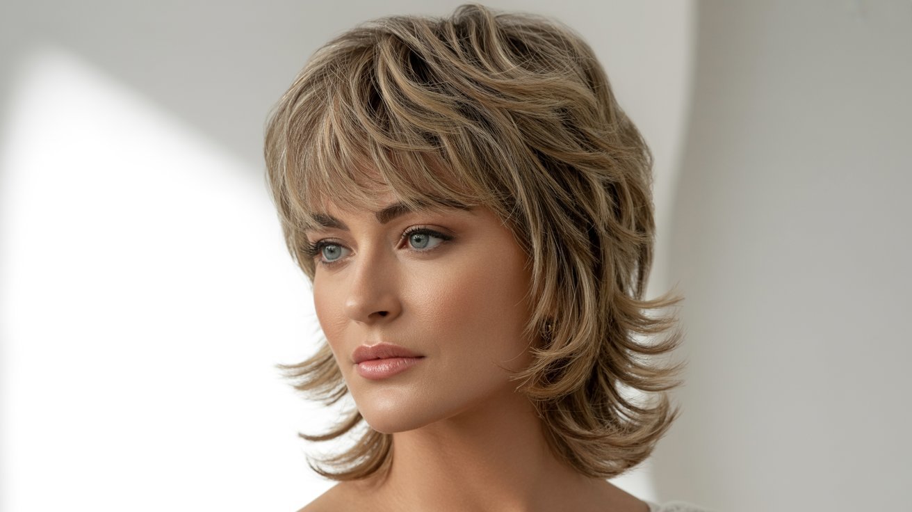 A woman with short, wavy blonde hair and layered bangs, exemplifying a Piled-Up Layered Bangs hairstyle.
