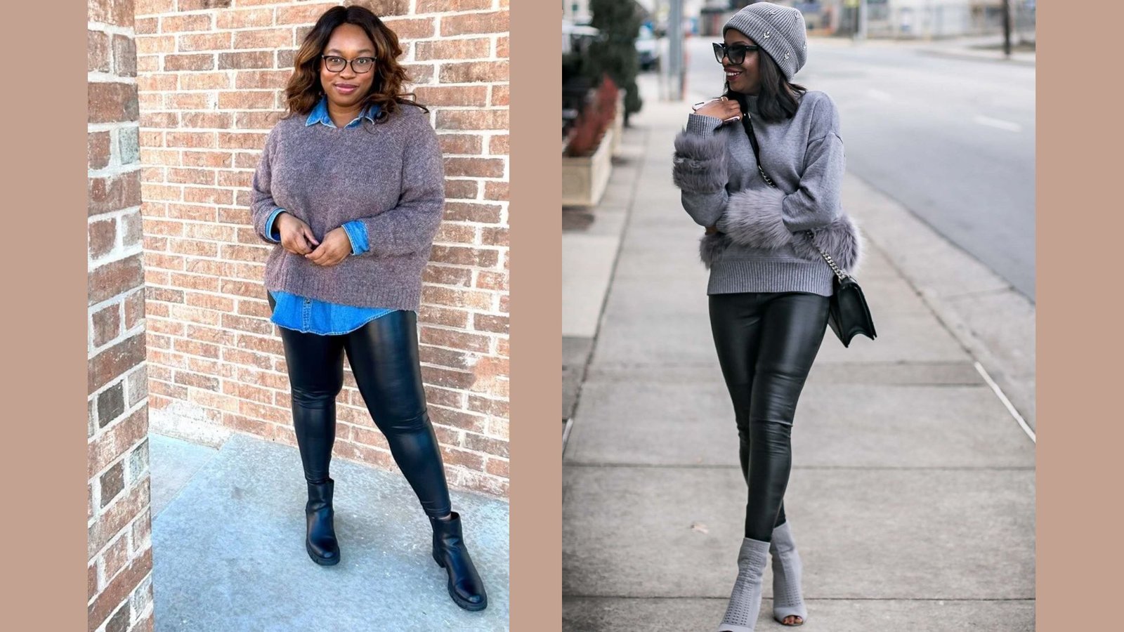 Two women wearing layered sweaters and faux leather legging outfits for cooler days. One pairs a mauve sweater over denim, the other wears a fur-trim sweater with boots. 