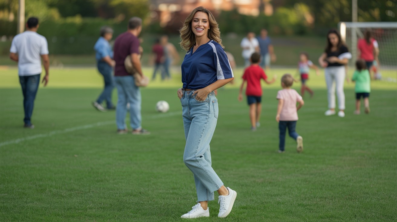 A woman in a team jersey, jeans, and sneakers stands on a soccer field with others, celebrating spirit week.