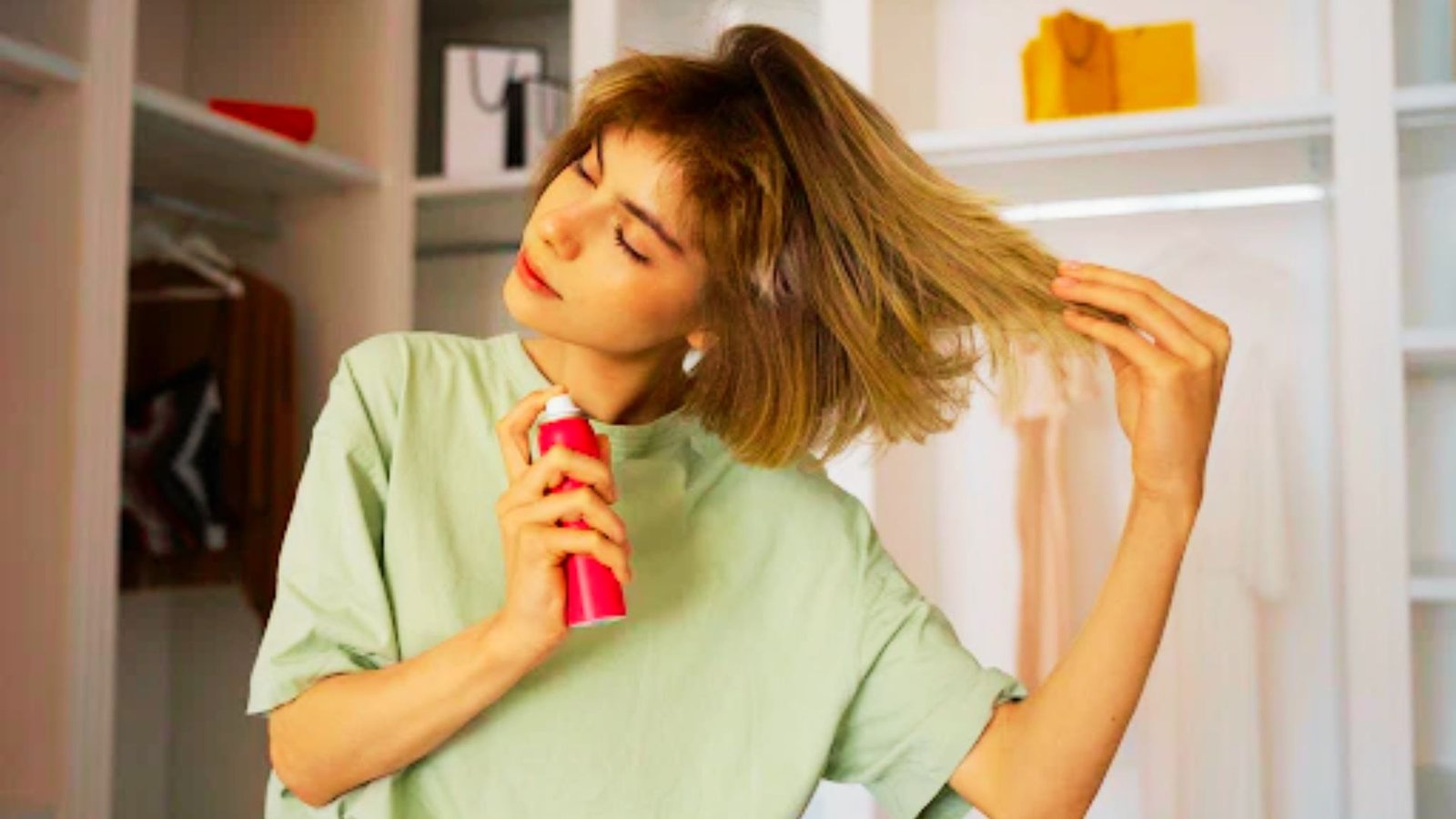 : A woman is using a hair spray to style her hair, showcasing her grooming routine.