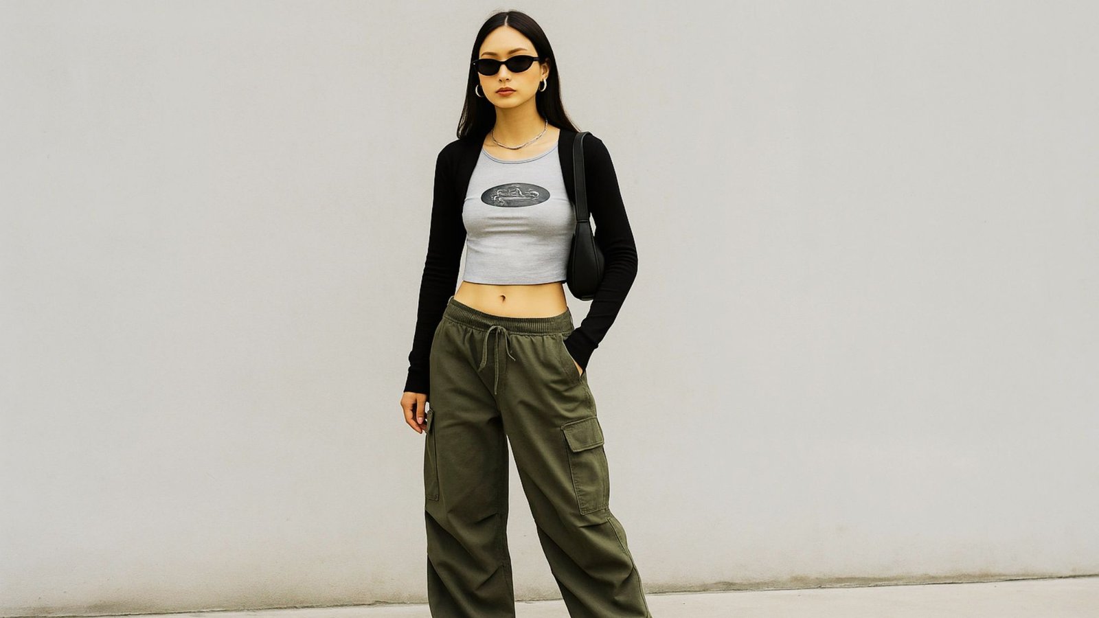 A woman in a crop top and cargo pants, showcasing a minimalist Acubi style with a clean and effortless look.