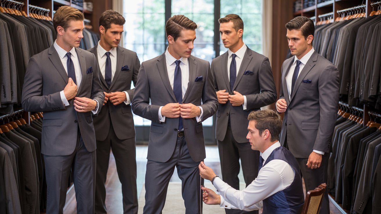 A group of five men in gray suits, standing in a tailor shop. A tailor adjusts a customer's pants. The scene is professional and elegant.