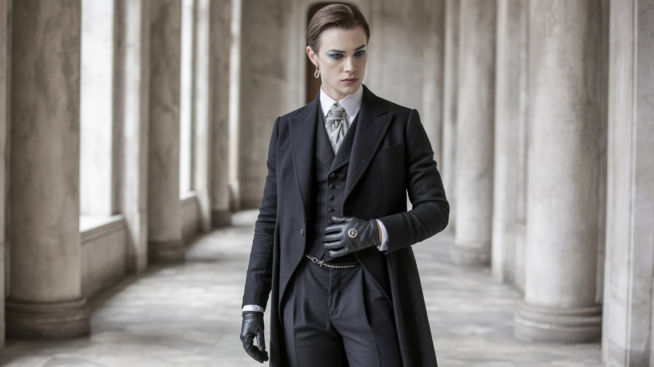 A man in a refined suit and gloves stands in an old building, embodying aristocrat goth style with perfection.
