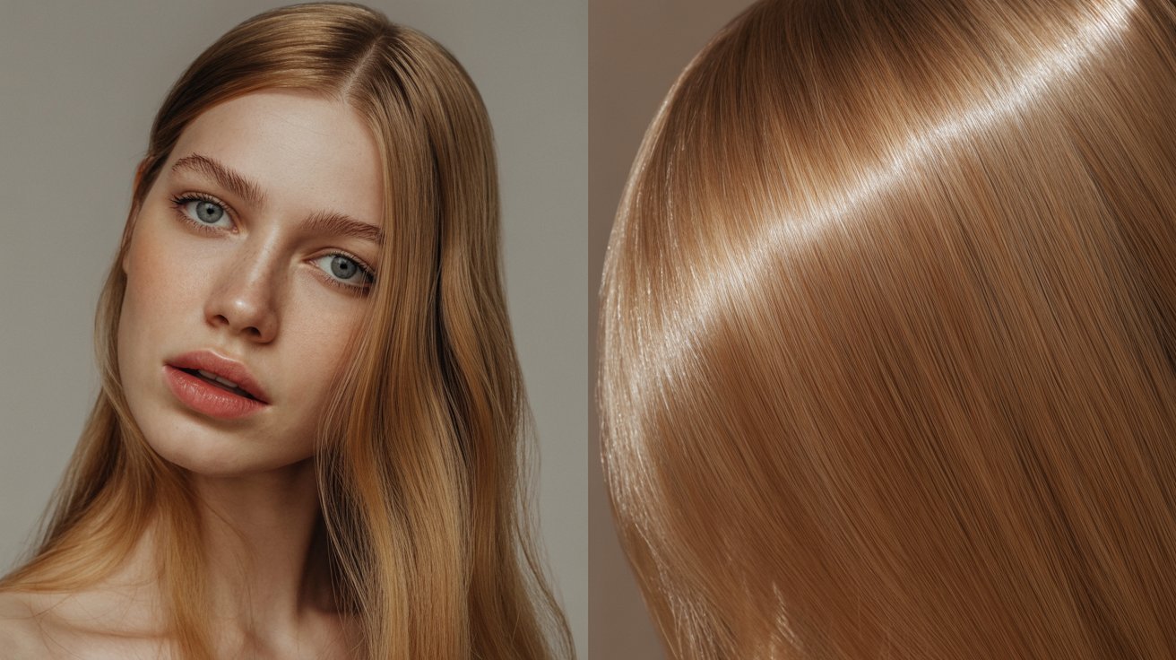 Shiny smooth hair after hair glaze treatment compared to dull hair before treatment