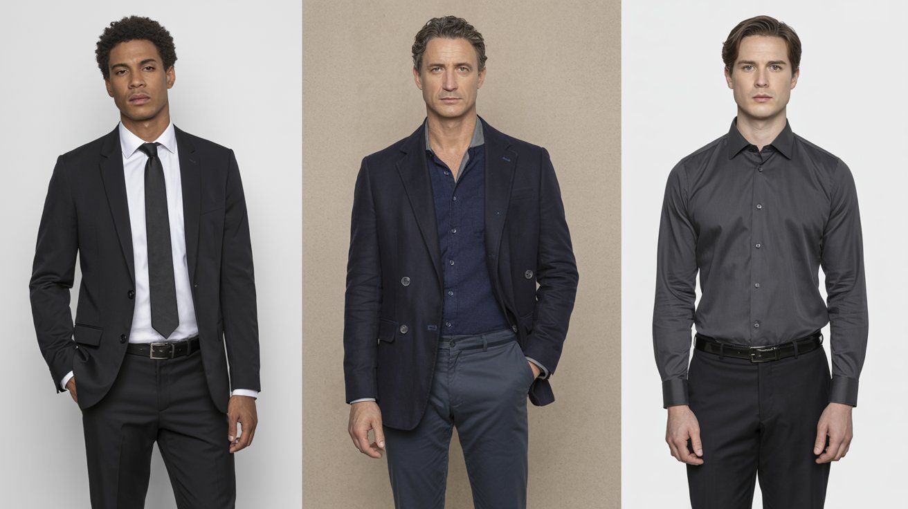 Men's funeral outfit combinations in dark formal clothing
