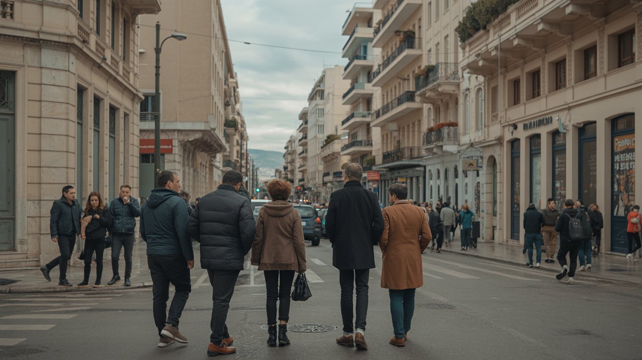Winter clothing style in Athens with coats and scarves