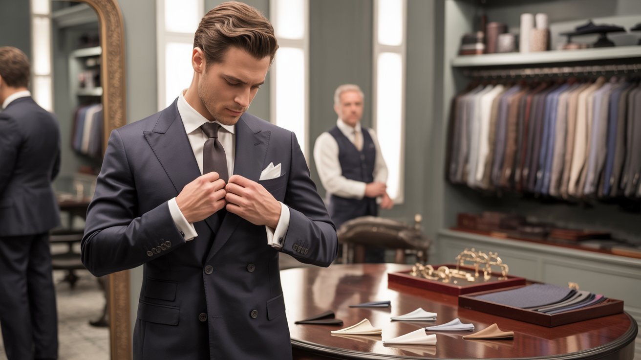 A man in a tailored navy suit adjusts his tie in a luxurious boutique, exuding elegance. A tailor stands behind him, with suits and fabrics displayed nearby.