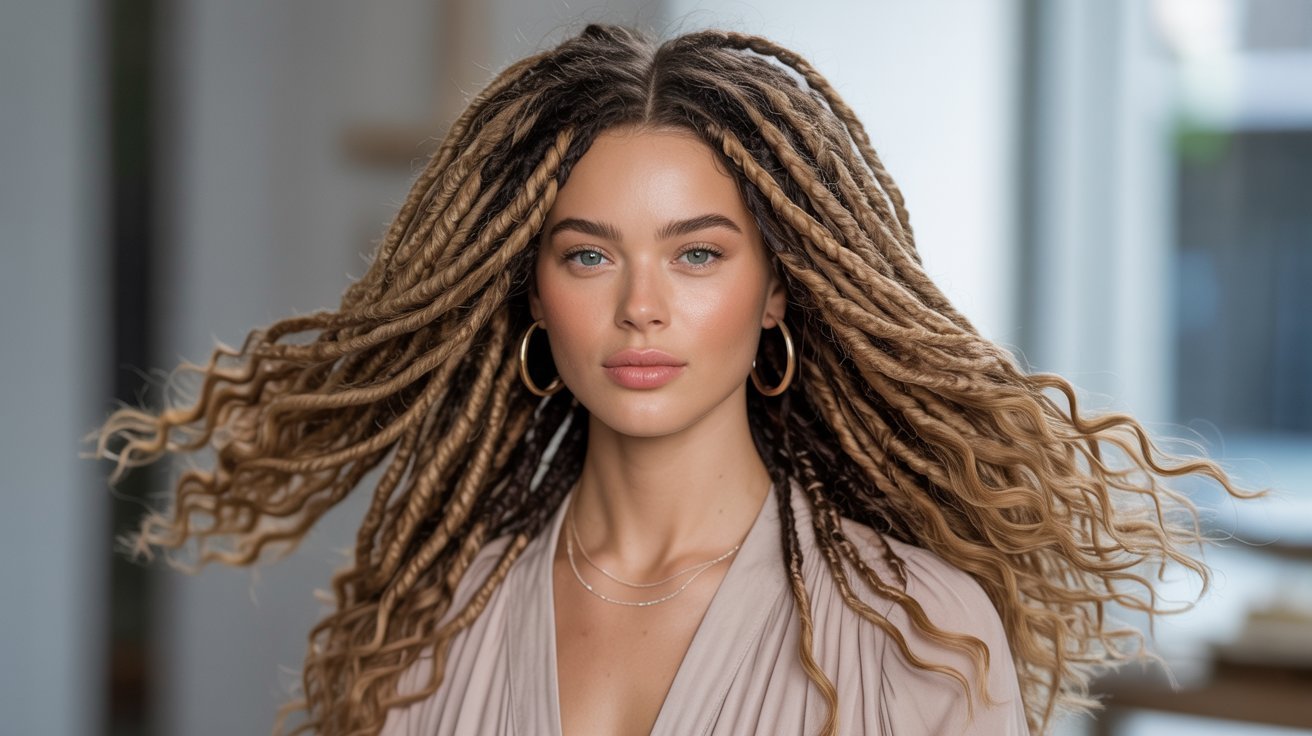 A woman with long faux locs styled in loose waves, showcasing a trendy and vibrant hairstyle.