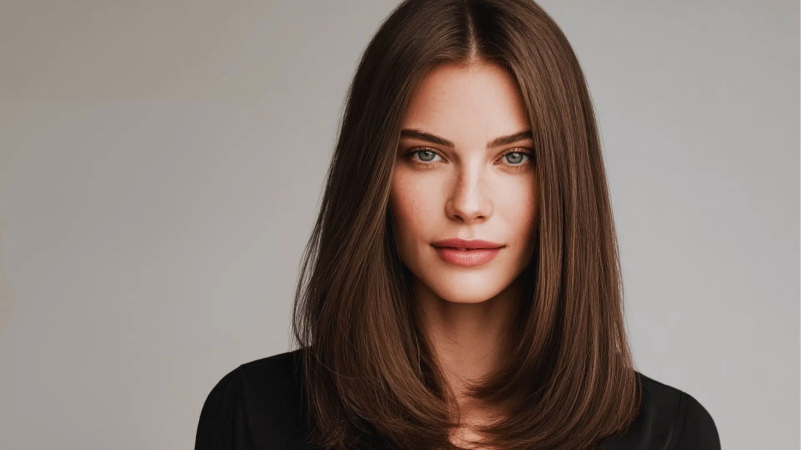Layered shoulder length haircut with curtain bangs and face-framing volume on medium brown hair