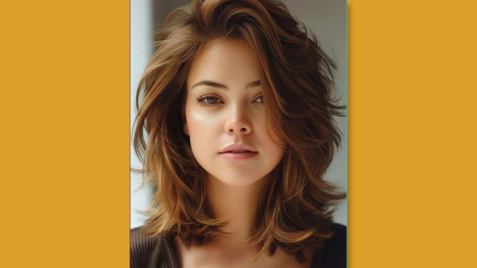 Low maintenance layered medium length shag with tousled volume and side-swept face-framing layers on light auburn hair for round face 
