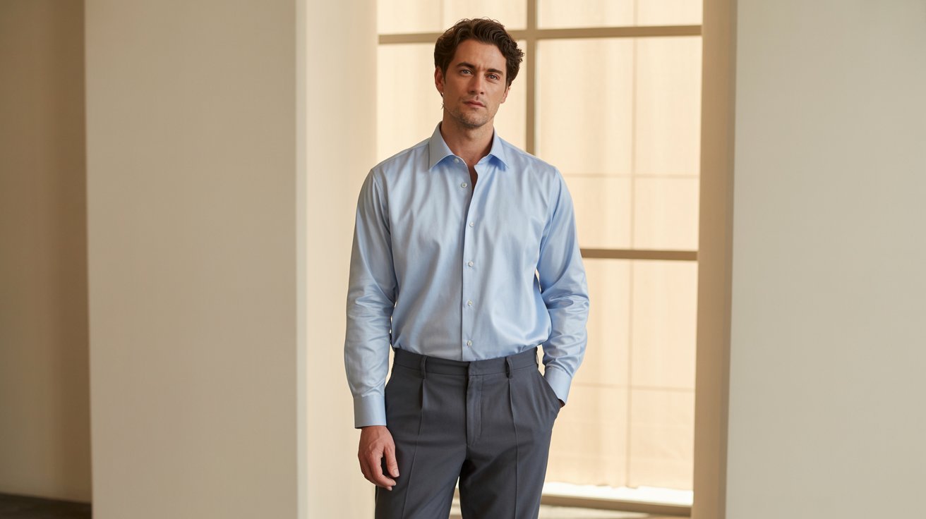 A man in a light blue dress shirt and dark trousers stands confidently indoors, with soft window light creating a calm and professional atmosphere.