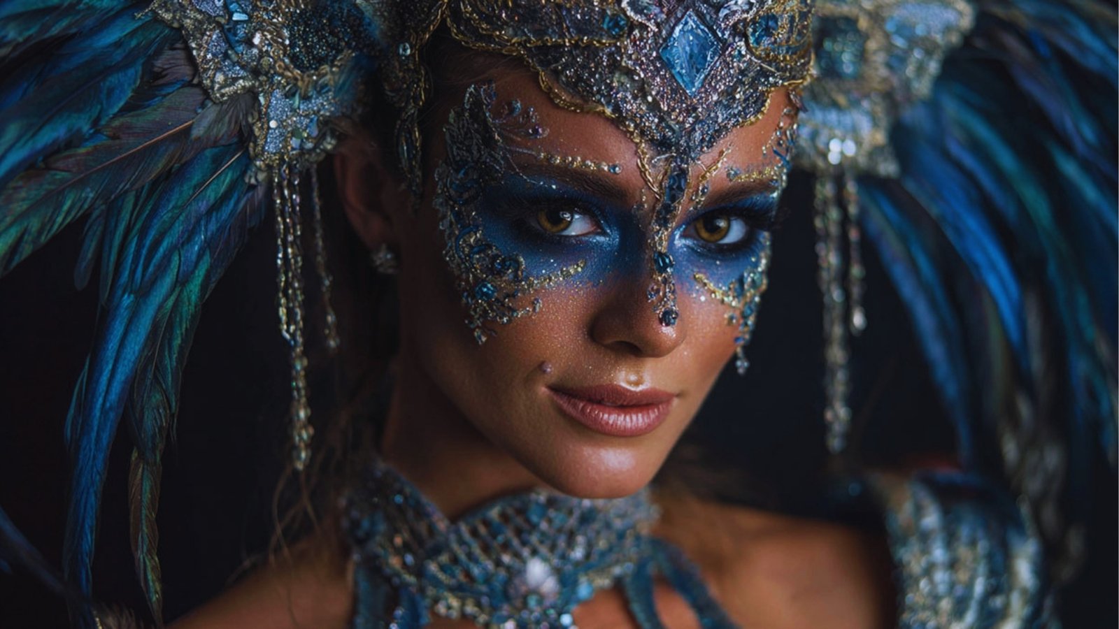 A woman adorned in an intricate blue and silver masquerade costume with feathered headpiece. Her expression is confident, with vibrant colors and ornate details.