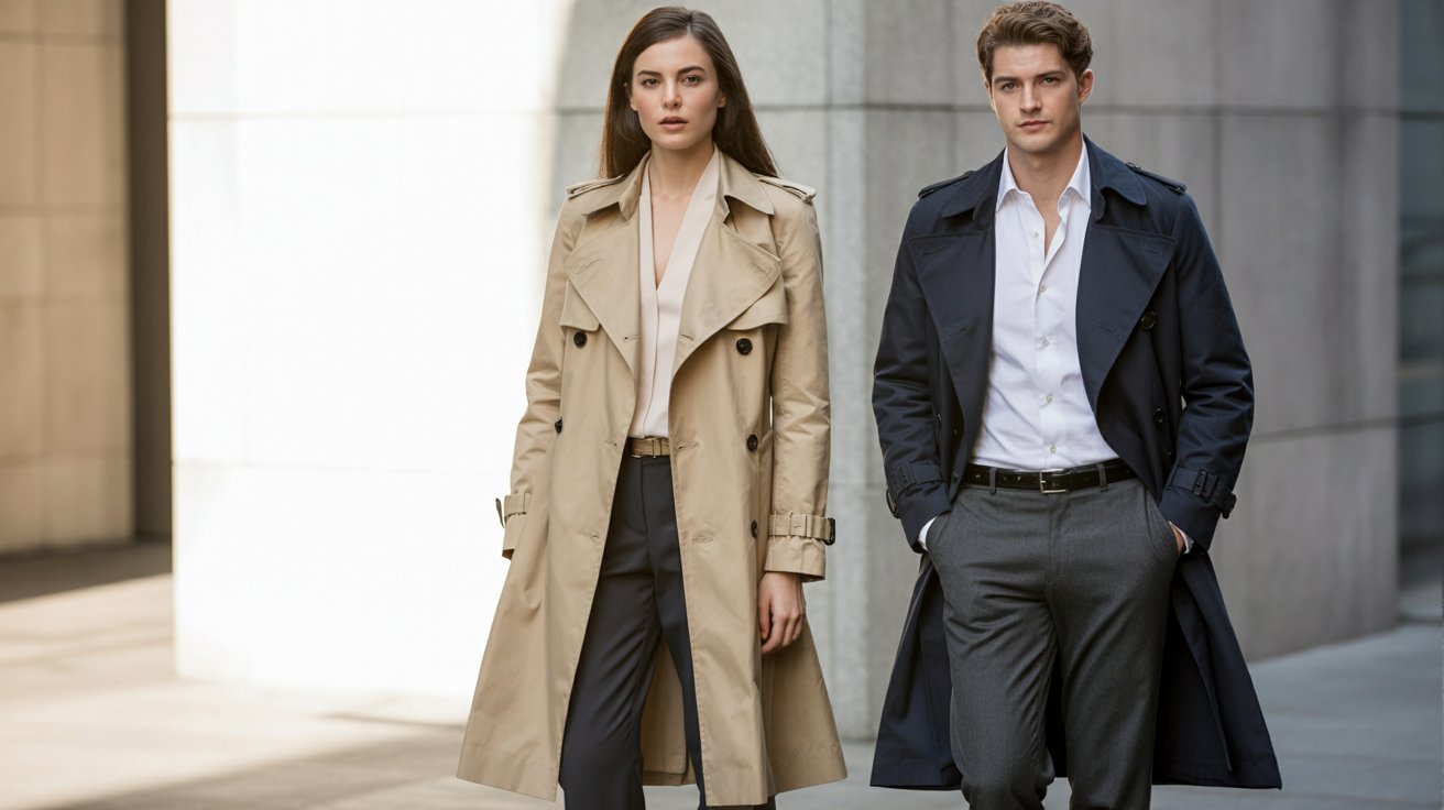 A woman in a beige trench coat and a man in a navy trench coat walk confidently in an urban setting, conveying a professional and stylish tone.