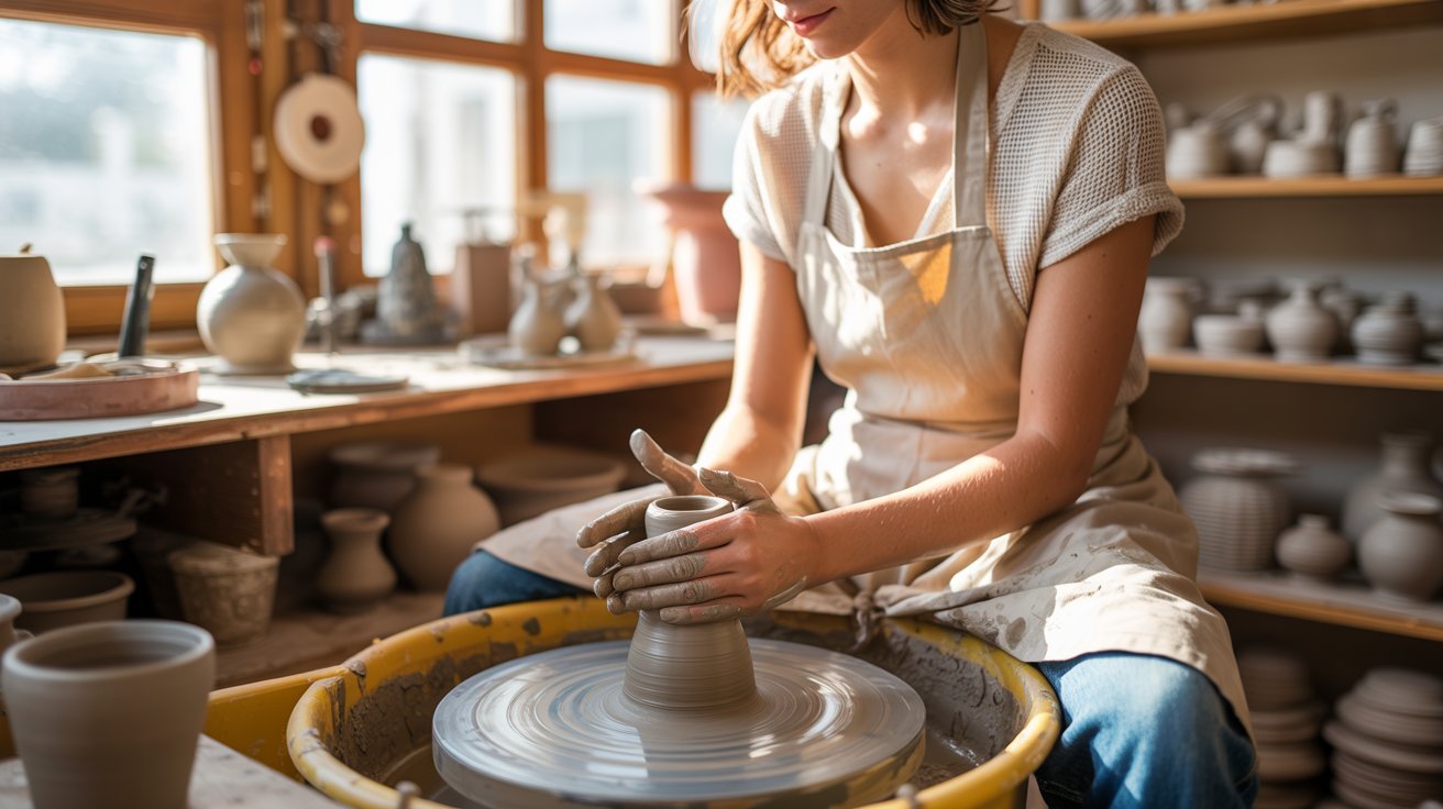 A woman in an apron shapes clay on a pottery wheel in a sunlit studio. Shelves filled with pots create a calm, creative atmosphere.